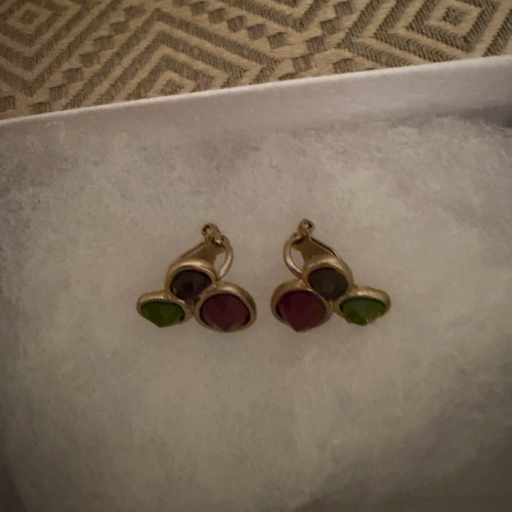 Elegant Gold Earrings with Multicolor Stones TS TAXCO Mexico Clip Ons